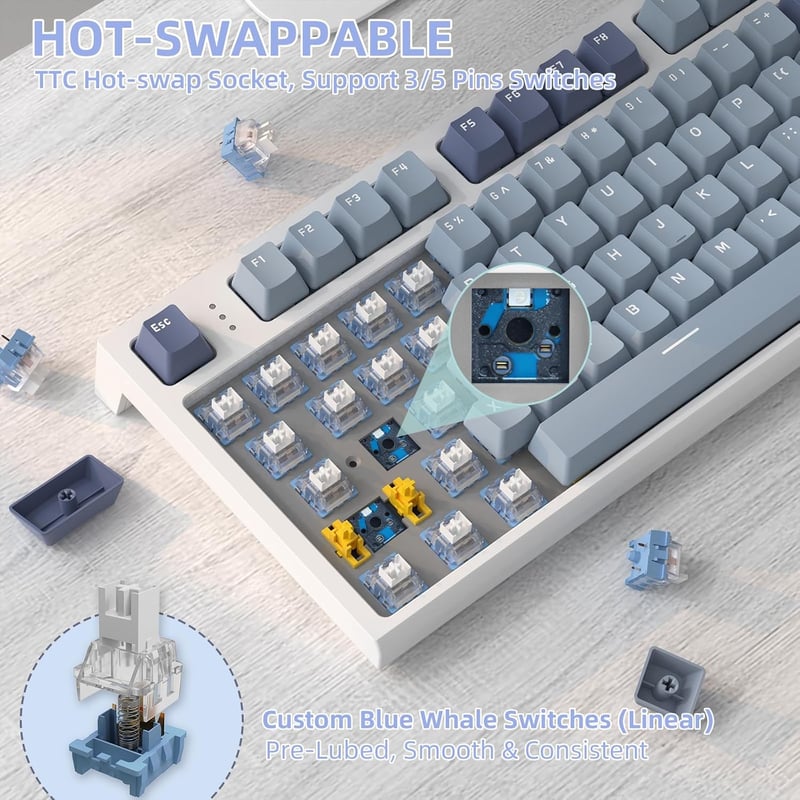 VGN GAMEPOWER K86 Mechanikus Gamer Billentyűzet, 75% TKL, RGB Háttérvilágítás, Vezeték Nélküli/Bluetooth/USB-C, Színes Kijelző, Hot Swap, Li