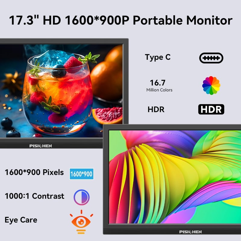 Pisichen 17,3" Hordozható Monitor 1600x900 HD Felbontással - USB-C HDMI Csatlakozás PC, Laptop, Switch, Xbox Kompatibilis Külső Kijelző Beép