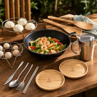 Wok set za azijsku kuhinju: 1x wok 28cm + 2x rešetka + 2x bambus tanjur + pribor + spatula 1