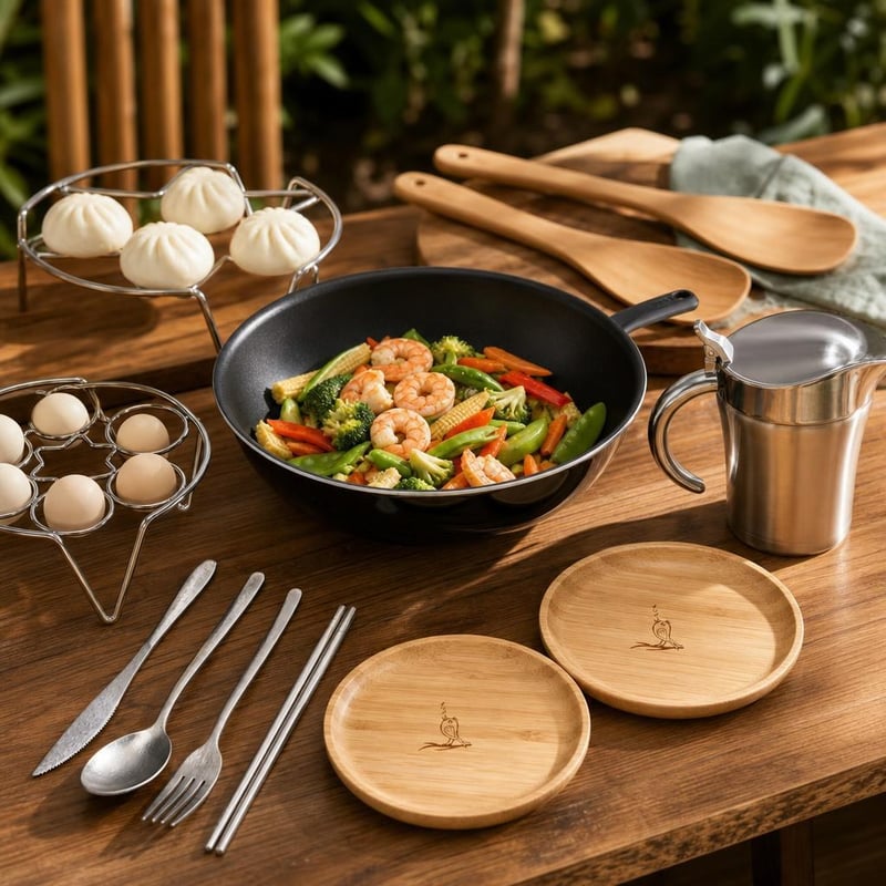 Wok set za azijsku kuhinju: 1x wok 28cm + 2x rešetka + 2x bambus tanjur + pribor + spatula