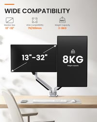 ErGear Dupla Monitortartó 13-32" Képernyőkhöz, Gázrugós Technológia, Teljes Mozgástartomány, ±45° Döntés, 180° Forgatás, VESA 75/100, 8kg Te 2