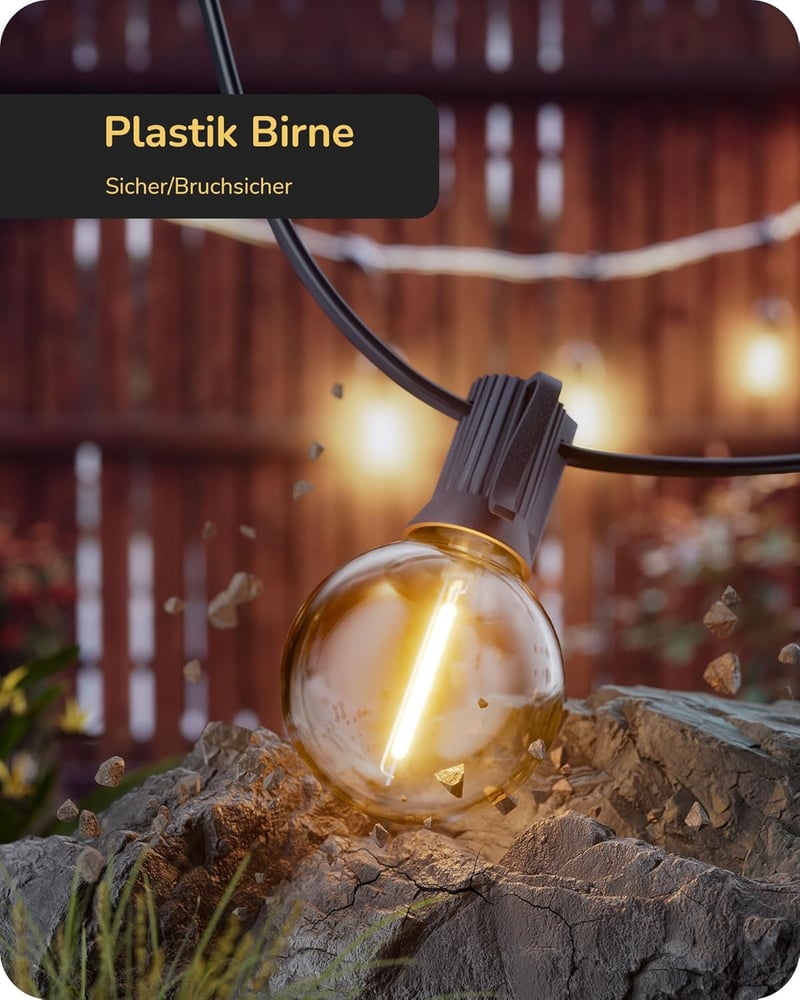 EDISHINE Kültéri Fényfüzér 15m - G40 LED Izzók, IP44 Vízálló, Törhetetlen Égők, Kerti Világítás