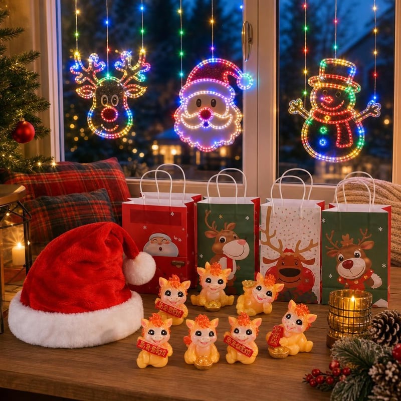 Blagdanski set za darivanje: 1x Djed Božićnjak kapa + 8x figurica konja + 8x kraft vrećica + 3x LED ukras