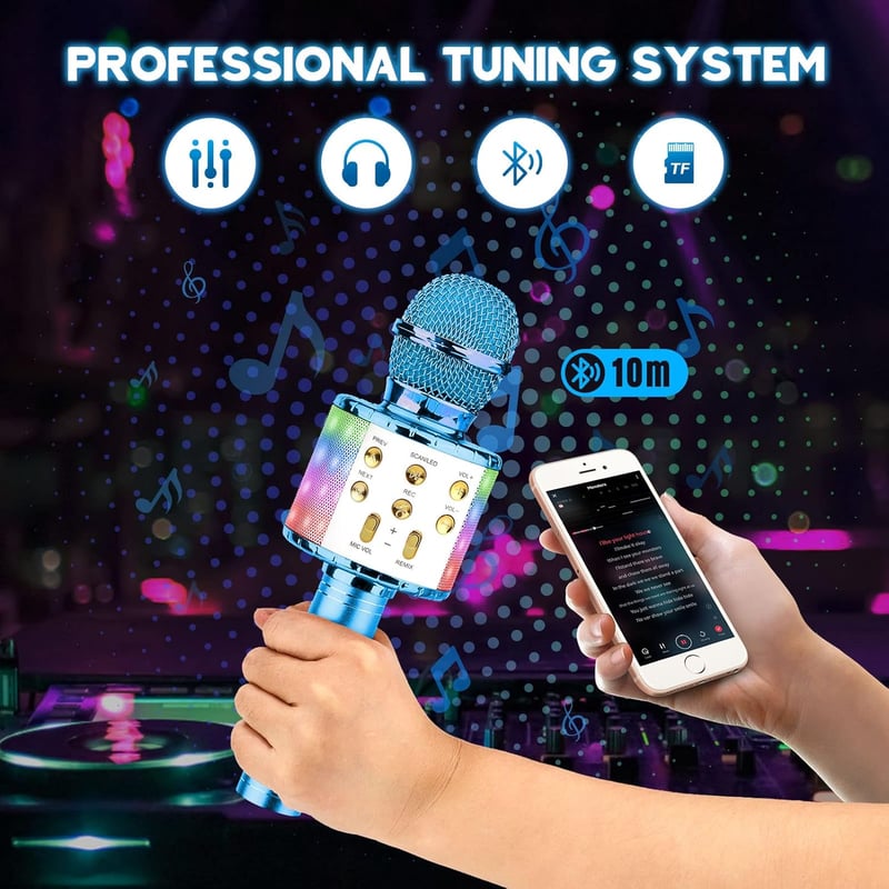 ShinePick Kék Bluetooth Karaoke Mikrofon LED Fénnyel, Hangszóróval - Android/iOS Kompatibilis