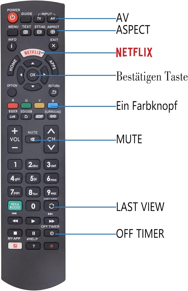 FOXRMT Univerzális Távirányító Panasonic TV-hez - Kompatibilis HDTV LCD LED Smart TV Modellekkel, Netflix és Viera Link Gombokkal, Programoz