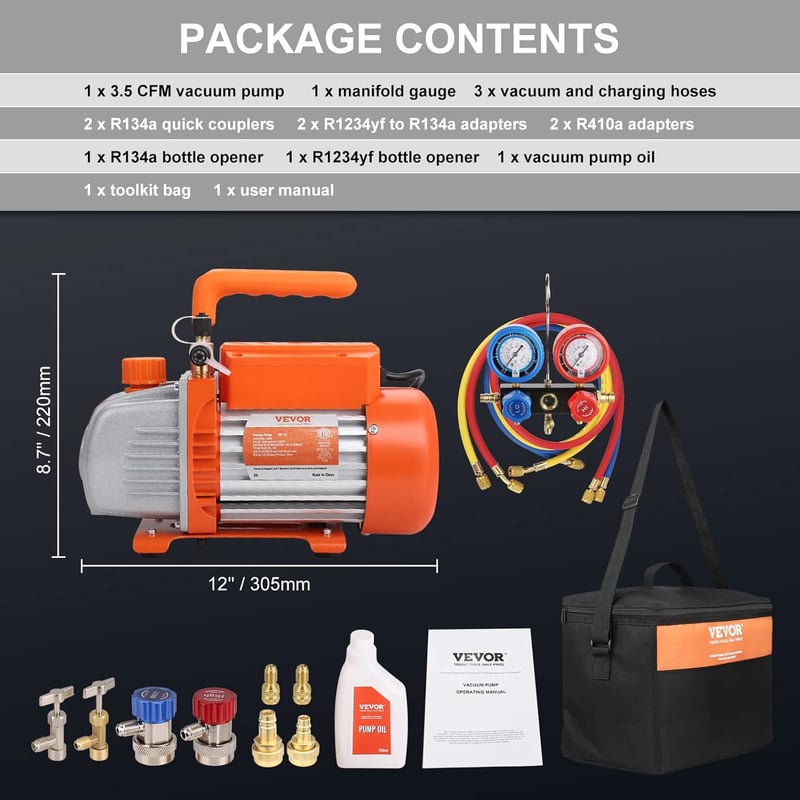VEVOR 100L/min Vákuumszivattyú A2L Robbanásbiztos 150W 220V/50Hz Klímaszerelő Készlet Nyomásmérővel Légkondicionáló és Autóhűtő Rendszerekhe