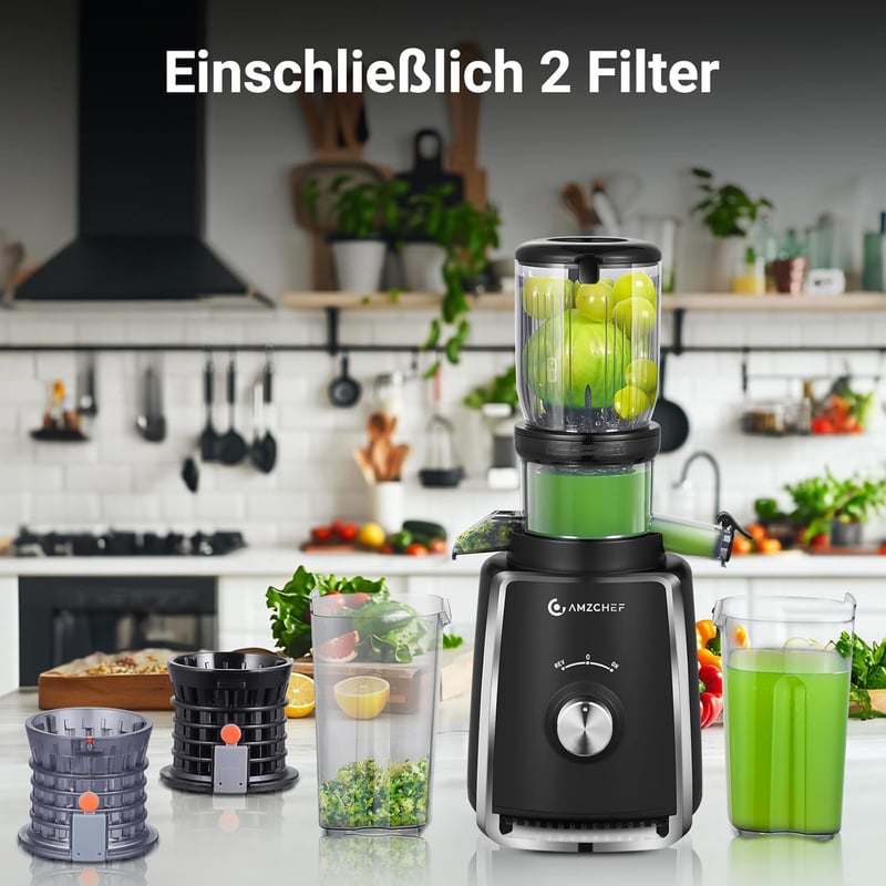 AMZCHEF Slow Juicer 103 mm Széles Adagolónyílással - 250W Hideg Préselésű Gyümölcs és Zöldség Facsaró 2 Szabadalmazott Szűrővel, Csendes Mot