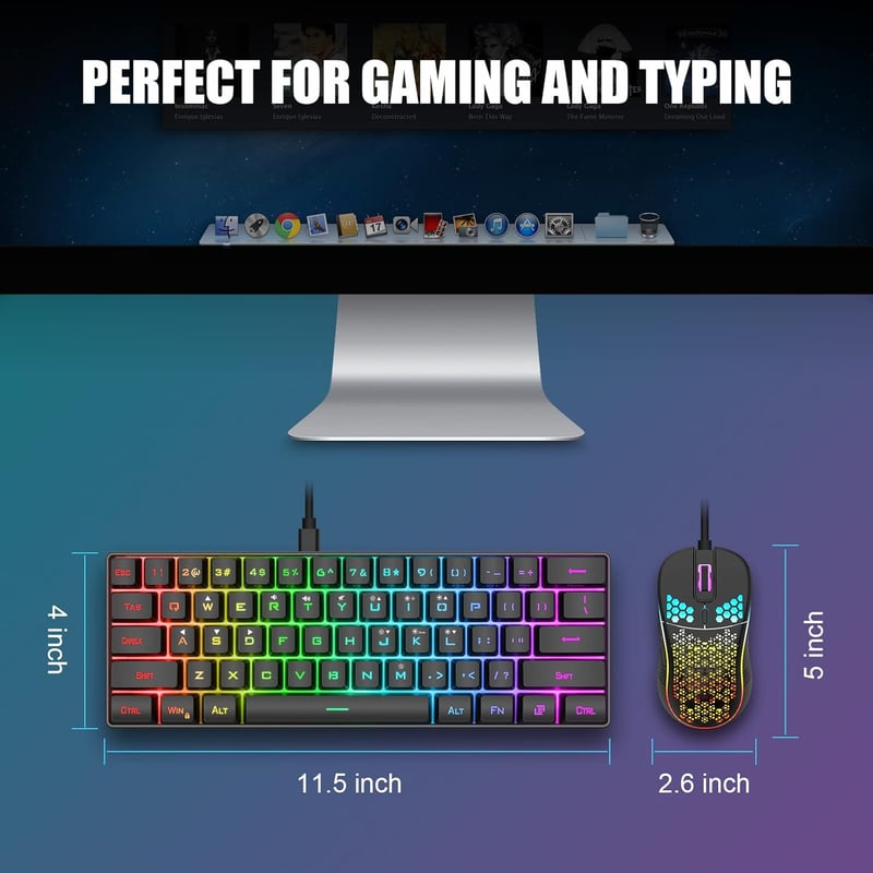RedThunder 60% RGB Vezetékes Gamer Billentyűzet és Egér Szett, 62 Gombos, DE Kiosztás, 7200 DPI Kompakt Egér, 6 Gombos Optikai Játékos Szett