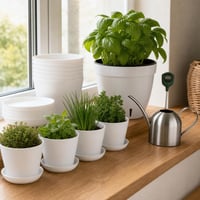 Bylinková záhrada na parapet: 8x kvetináč s miskou + samozavlažovací kvetináč + krhlička + merač pôdy 1