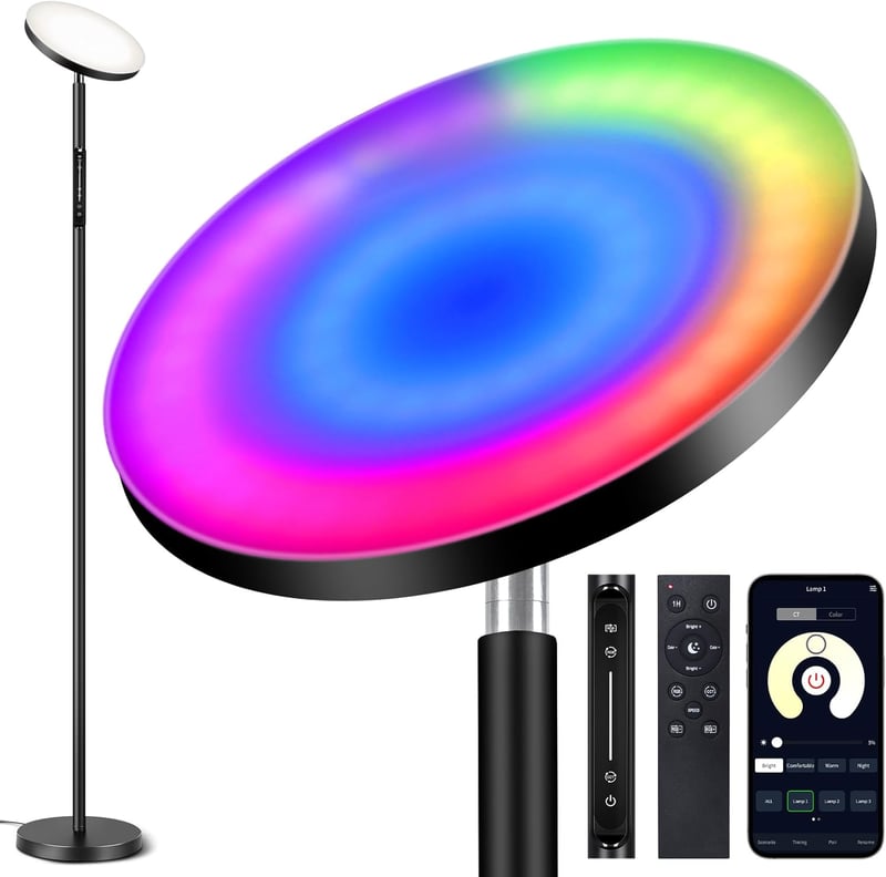 OUTON LED Állólámpa 36W 3000 Lumen - Távirányítós RGB Hangulatvilágítás 24 Dinamikus és 8 Statikus Színmóddal, Érintésvezérléssel, Időzítőve