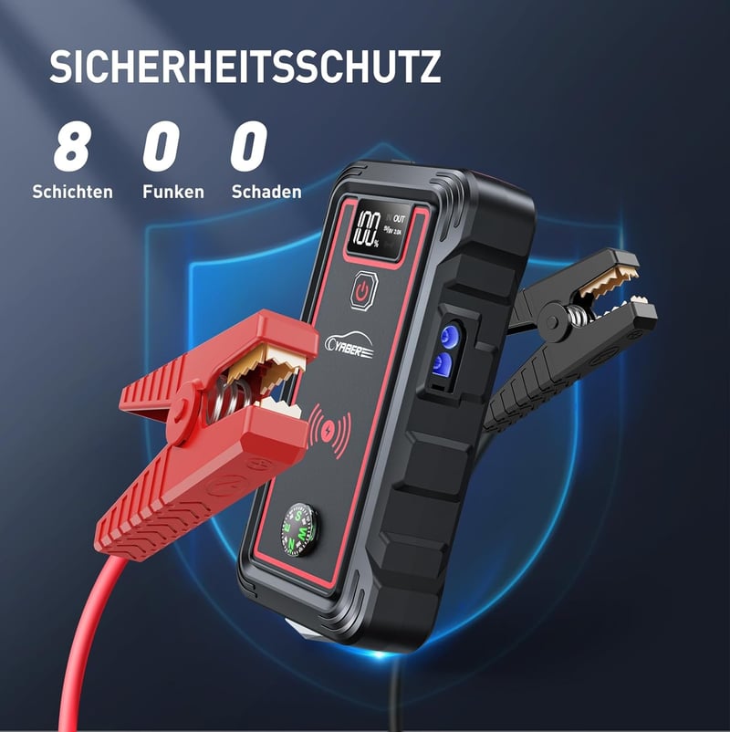 YABER YR800 Autós Bikázó Powerbank 5000A 23800mAh - 10W Vezeték Nélküli Töltő, LED Lámpa, LCD Kijelző, Benzin és 8.0L Dízel Motorokhoz