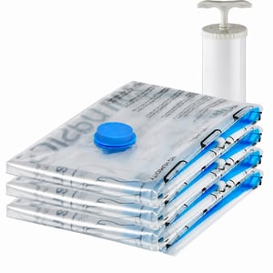 Amazon Basics vakuumske vreće za odjeću s ručnom pumpom, hermetičkim ventilom, 70x50 cm, prozirne, s patentnim zatvaračem, pakiranje (nedostaje 1 kom) — set od 4 komada