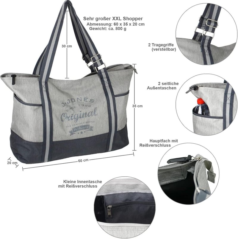 J.Jones XXL Szabadidős Táska, Sporttáska, Úszótáska, Női Shopper Cipzárral
