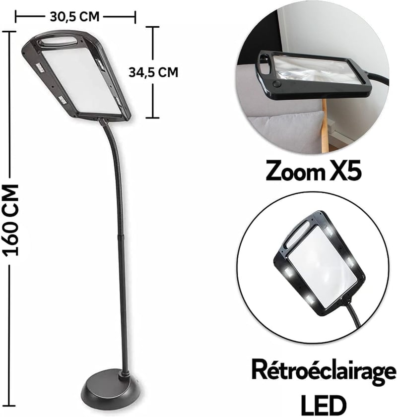 FISHTEC Nagyító Lámpa - 5x Nagyítás, 22,5x18 cm Képernyő, 12 LED Világítás, 160 cm Állvány, Flexibilis Talp, Fekete
