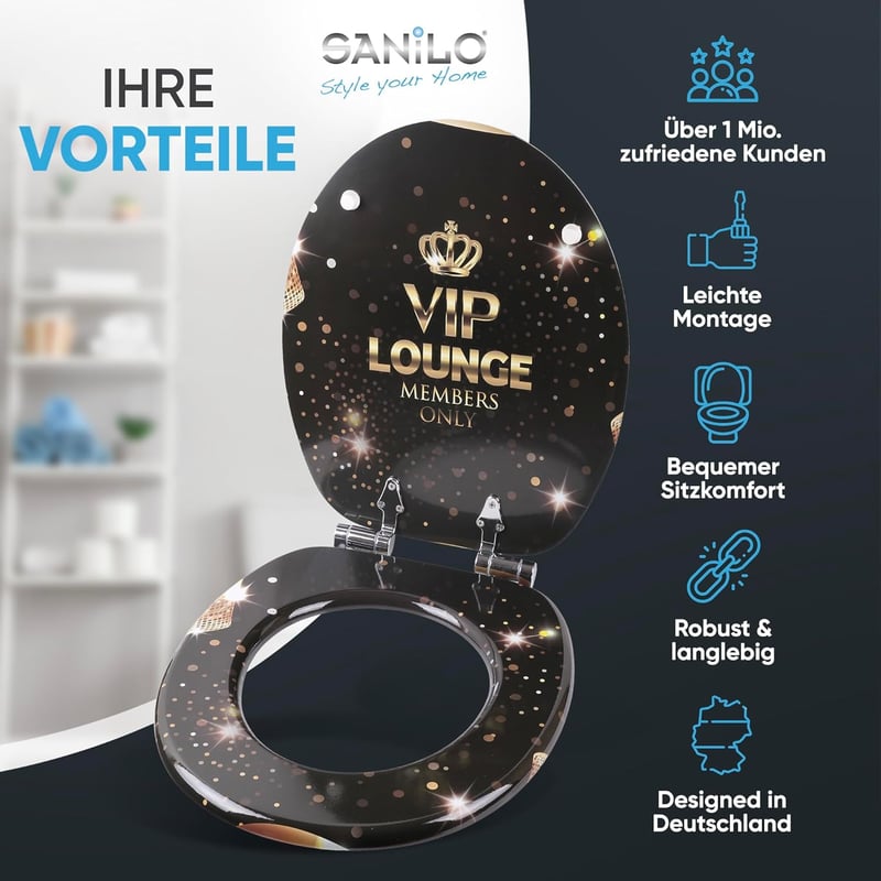 Sanilo Fa WC Ülőke Soft-Close Funkcióval - Ovális, Fekete VIP Lounge Dizájn, Tartós Minőségi Faanyag, Szerelési Kellékekkel, 2,7 kg