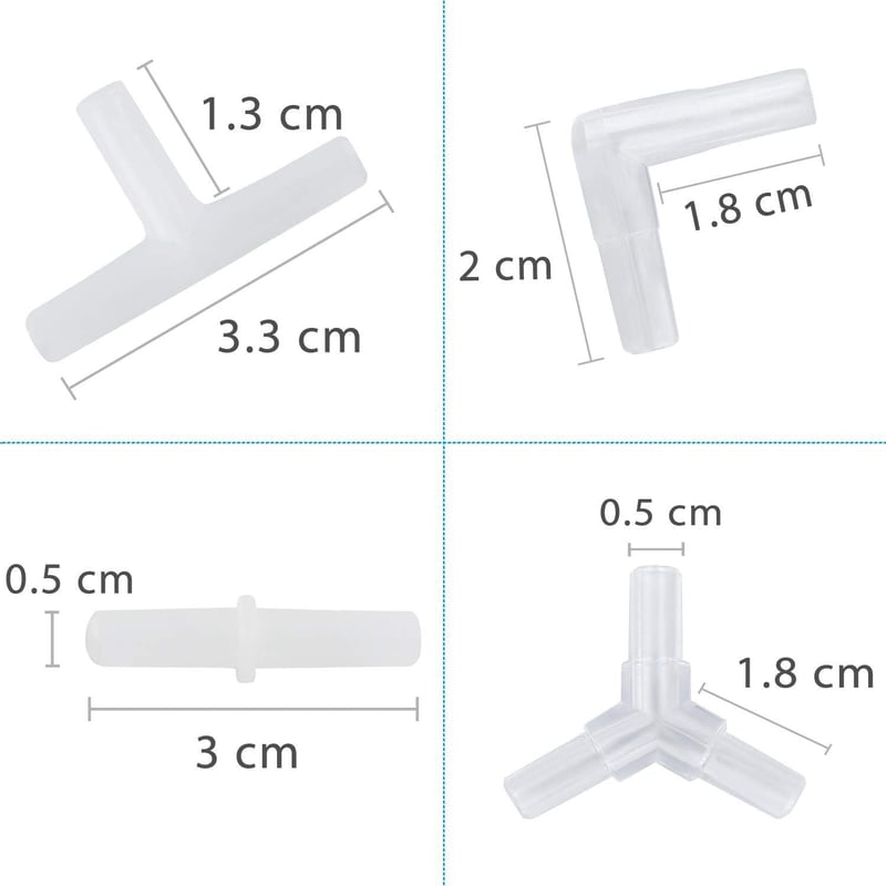 CTRICALVER Akvárium Levegőcső Csatlakozó Készlet 40db - Y/T/L/I Típusú Elágazások, 5mm Külső/4mm Belső Átmérő, 5m Átlátszó Oxigéncső
