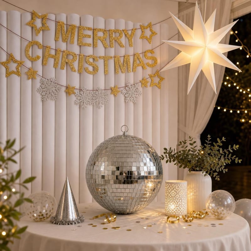 Set decor petrecere: 1x glob oglindă 20cm + 10x role hârtie creponată + ghirlandă stele + stea LED