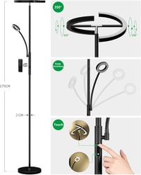 STEO Fekete Állólámpa LED 20W Távirányítóval - Dimmelhető Padlólámpa 7W Olvasólámpával, 3 Színhőmérséklet, 1500LM, Nappali, Hálószoba, Iroda 7