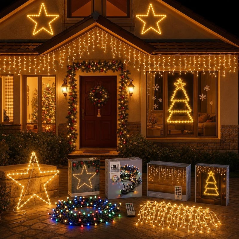 Vianočný svetelný set: LED hviezda + 21m reťaz + 15,3m cencúle + LED dekorácia