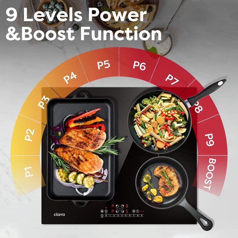 CIARRA CBBIH4BF 7200W Beépített indukciós főzőlap, 4 zóna, Boost funkcióval és 1 Flex zónával, Érintésvezérlés, kerámia üveg, 9 teljesítményszint, gyermekbiztonsági zár, fekete