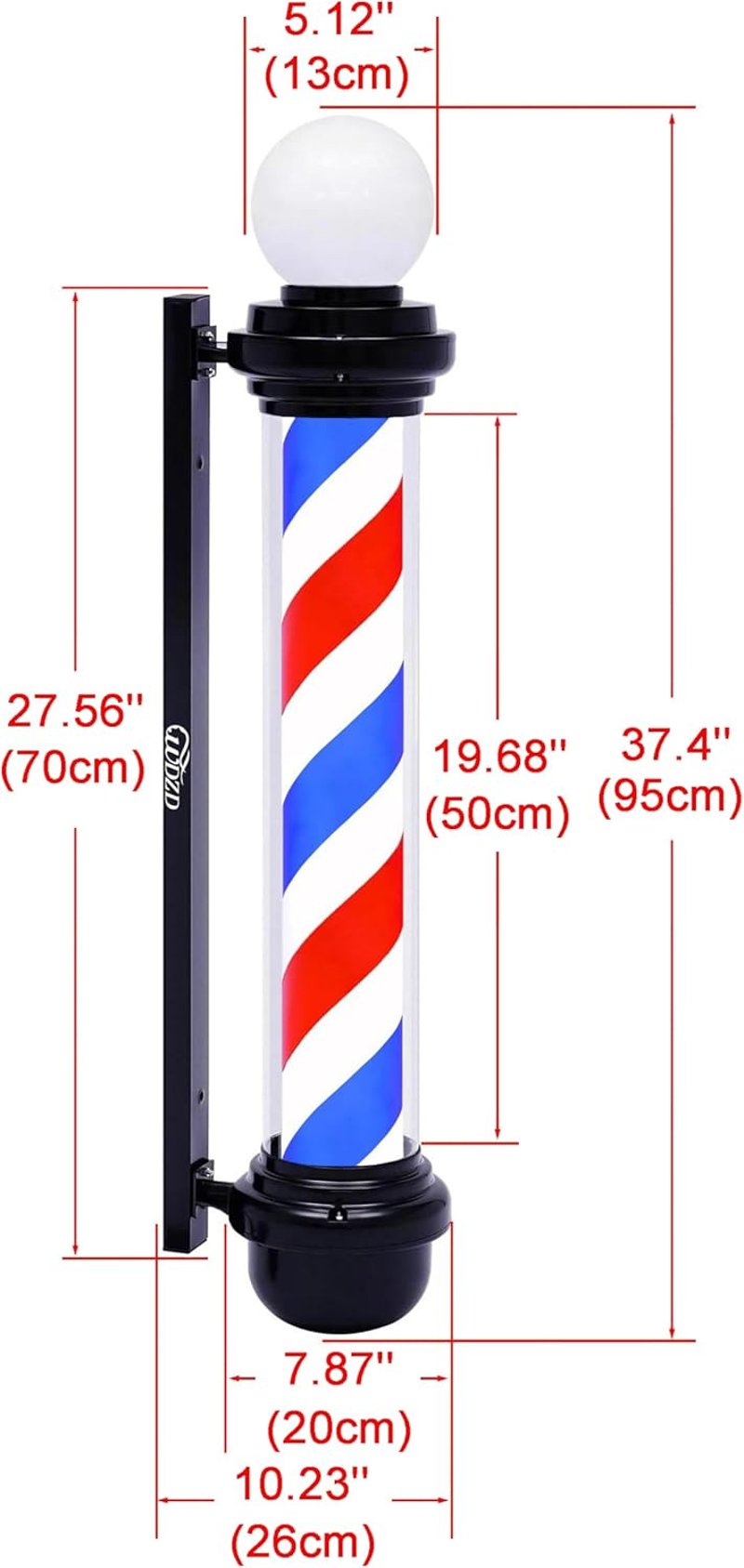 WDZD Klasszikus Forgó Borbélypólus 100 cm - Piros-Fehér-Kék Csíkos LED Világítással - Falra Szerelhető Fodrászati Szalon Jelzőlámpa