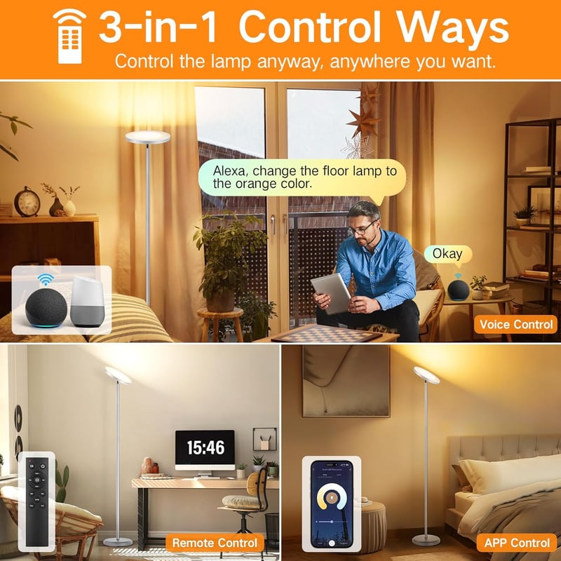 OUTON Okos LED Állólámpa 30W 3000lm - WiFi Szabályozható, Alexa és Google Asszisztens Kompatibilis, Távirányítós, Applikációval Vezérelhető 
