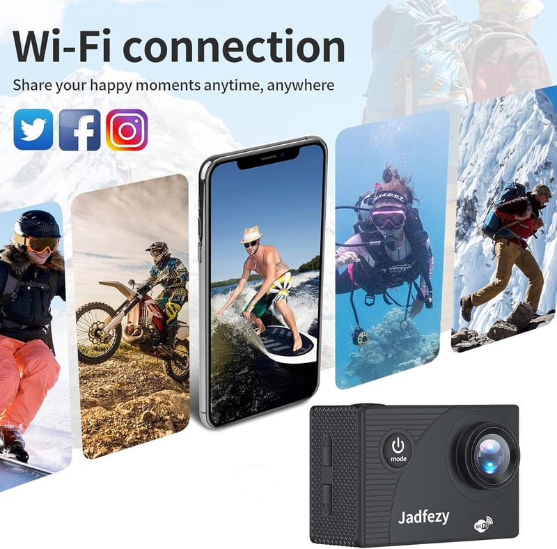 Jadfezy WiFi Akciókamera 1080P HD, 30m Vízálló, 2 Akkumulátorral és Tartozékokkal