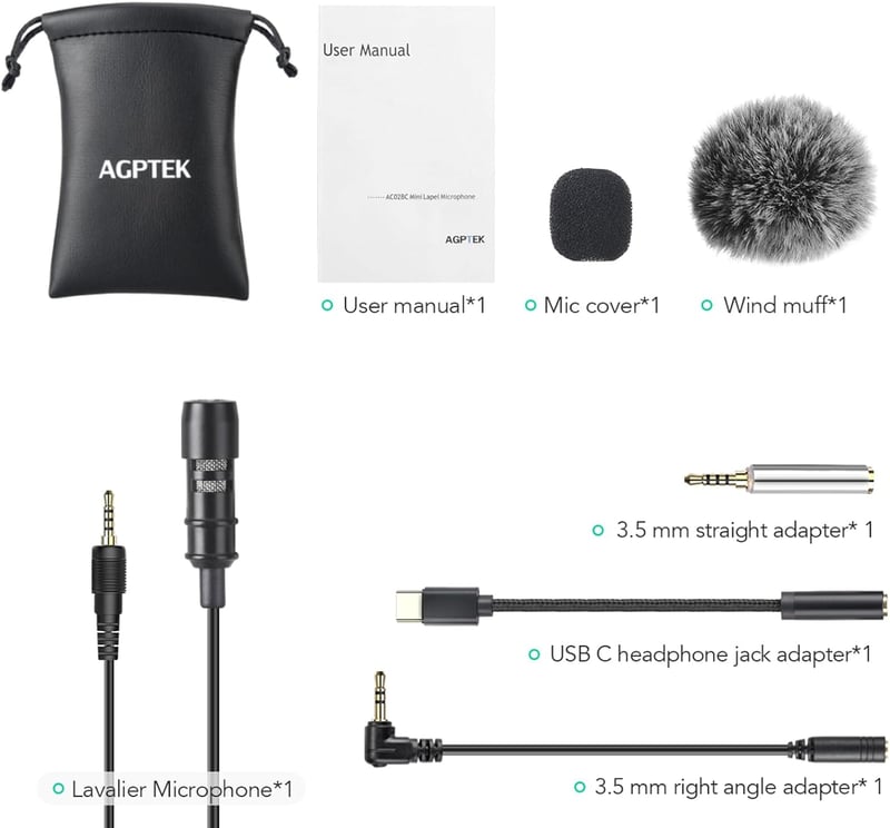AGPTEK Omnidirekcionális Csíptetős Mikrofon 2m, USB-C Adapter, Szélvédő, Interjúkhoz