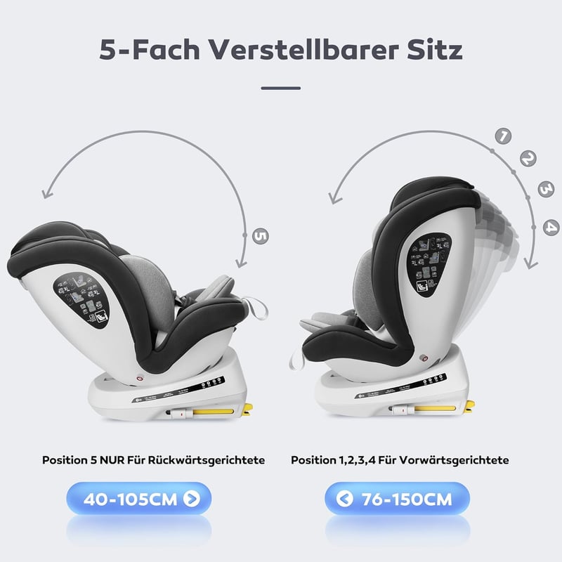 Miophy I-Size 360° Forgatható Gyerekülés, 0-12 Éves Korig, 40-150 cm, Isofix Rendszerrel, 5-Pontos Biztonsági Övvel, Sötétszürke - I-dark grey
