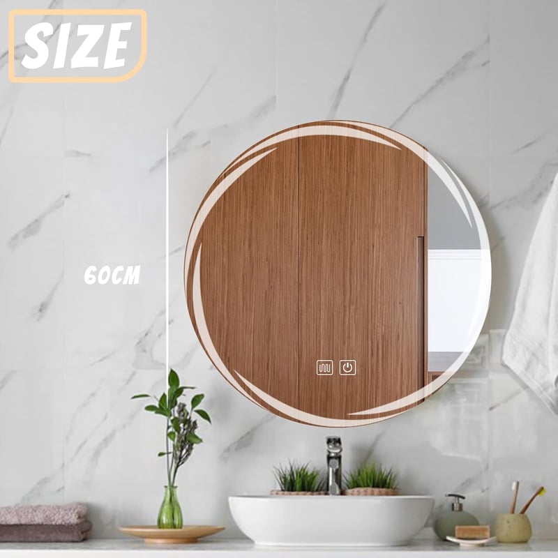 YOSHOOT 60 cm Kerek Fürdőszobai Tükör LED Világítással, Páramentesítő Funkcióval, Érintőgombos, Fényerőszabályozható, 3 Színhőmérséklet, IP4