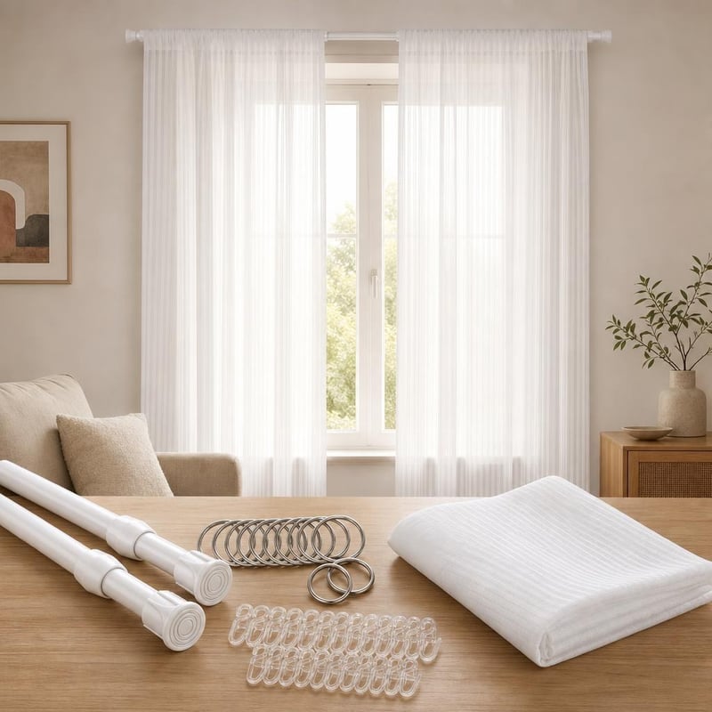 Fényes ablakvarázs: 2 db feszítőrúd + 50 db függönykarika + 50 db horog + 225×140 cm függöny