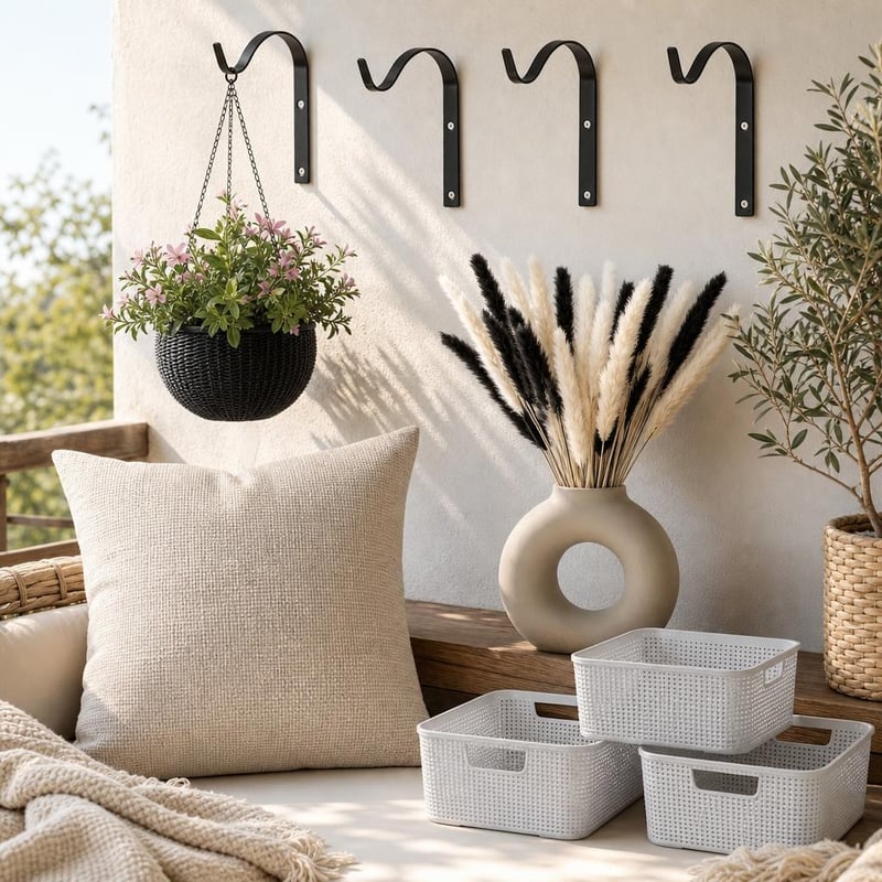 Boho dekoračný set: 4x háčik + 3x ratanový košík + ľanový obliečka + 120x pampová tráva + keramická váza