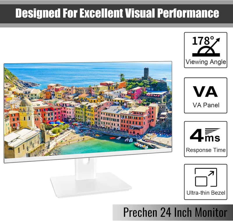 Prechen 23,8" FHD Monitor - Fehér Keret Nélküli Gamer Képernyő, 75Hz, VA Panel, 1920x1080, HDMI/VGA, 4ms, VESA, Szemkímélő Technológia, Irod