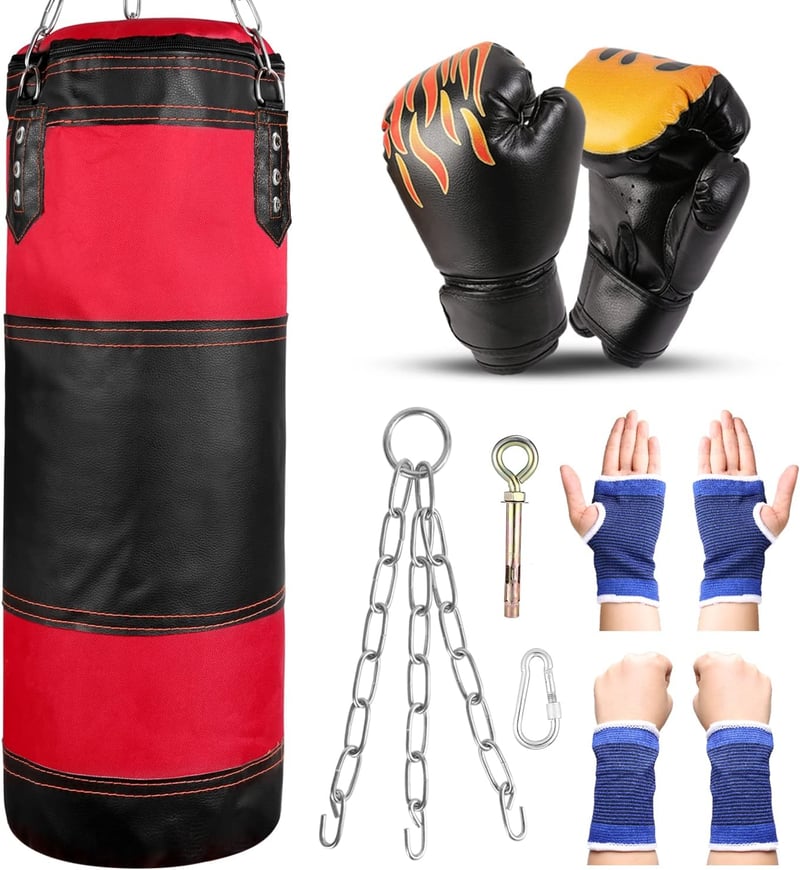 Odoland 7 az 1-ben Boxzsák Szett Gyerekeknek - 60 cm Boksz Zsák, 6 oz Kesztyű, Lánc, Karabiner, Védőszalagok - Kickbox, MMA, Harcművészet Ed