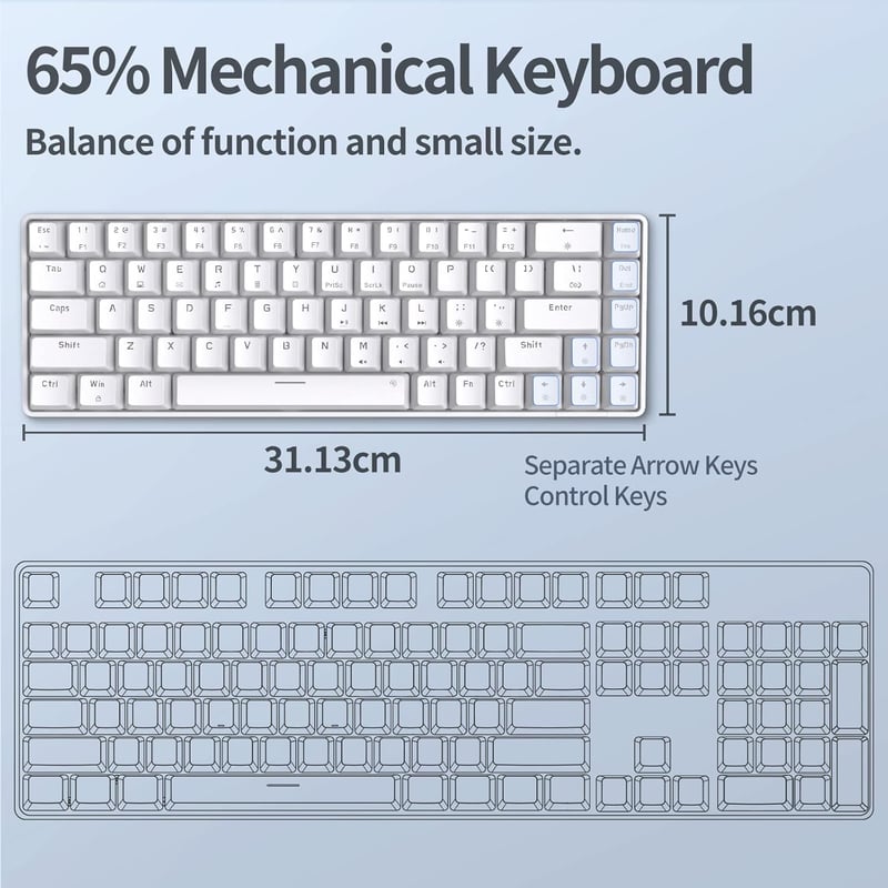 Fehér TMKB T68se 60%-os mechanikus gamer billentyűzet, barna kapcsolókkal