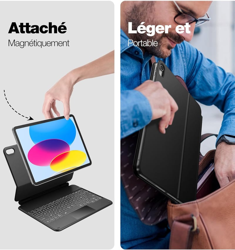 iPad 10. generációs Dracool háttérvilágítós AZERTY billentyűzet érintőpaddal, fekete