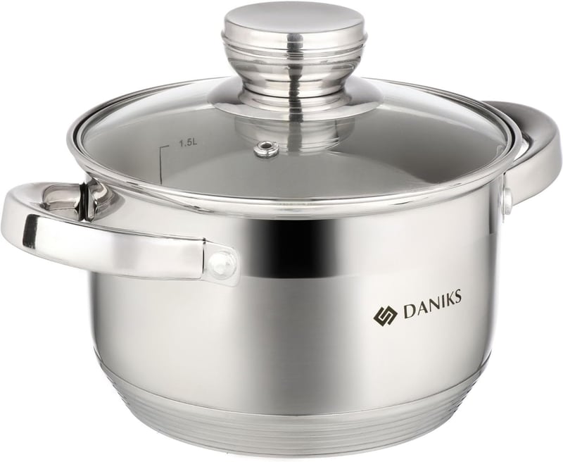 Daniks Indukciós Rozsdamentes Acél Főzőedény Üvegfedővel - 16 cm, 2 Literes Leves/Tészta Fazék, Ezüst