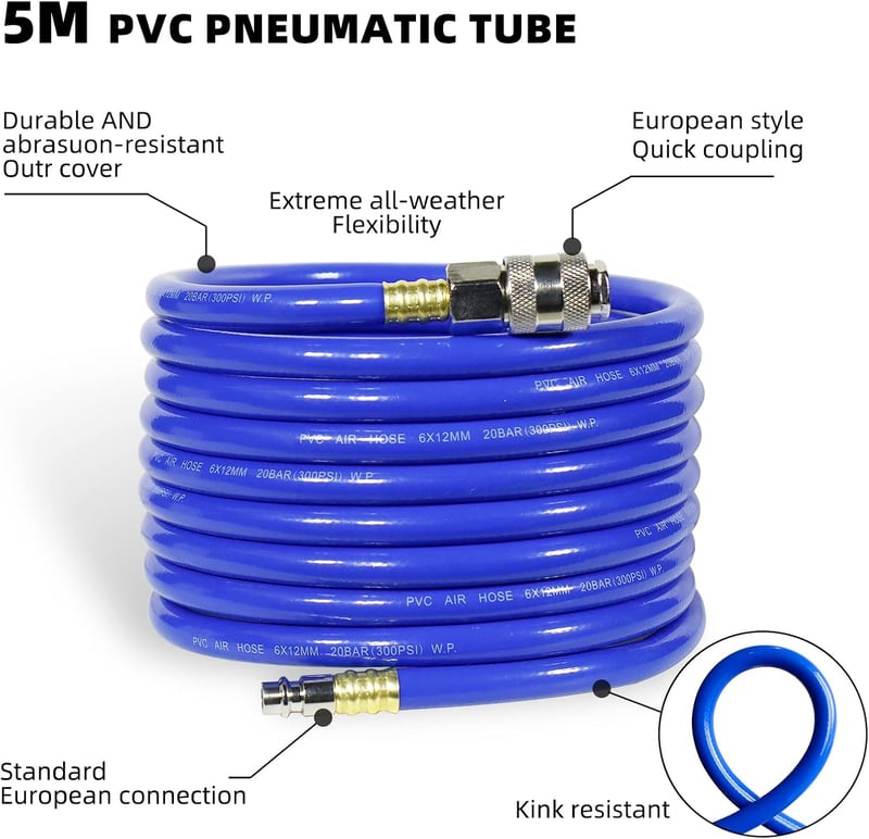 CCLIFE 5m Spirál Sűrített Levegő Tömlő 20 Bar Nyomásálló - 1/4 Colos Kompresszor Cső Gyorscsatlakozóval, PVC, 6,3mm Belső Átmérő