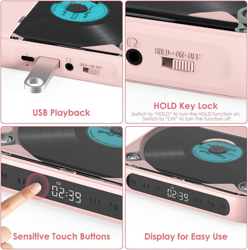 KOVCDVI Hordozható CD lejátszó Bluetooth-szal, rózsaszín, LCD kijelzővel és 1200mAh akkumulátorral