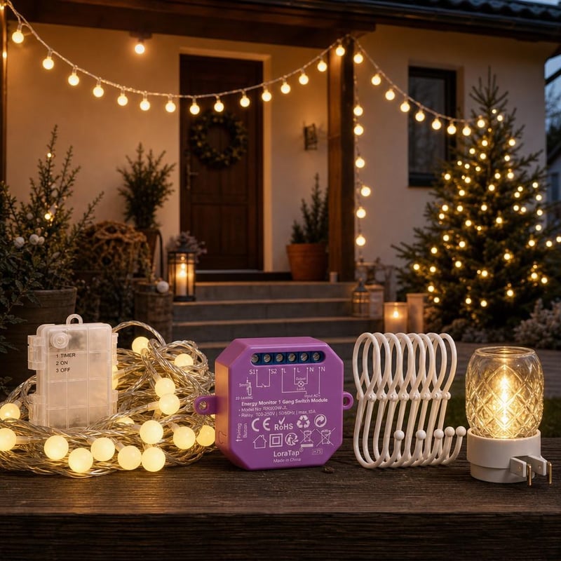 Adventné záhradné osvetlenie: 6m LED reťaz + smart relé + 10x háčik + LED lampa