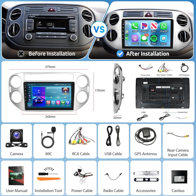 Wireless Carplay Android Autórádió 2 DIN VW Tiguan (2006-2016) - 9" GPS Navigáció, WiFi, Bluetooth, 2GB+64GB, Kormányvezérlés, Mirror Link