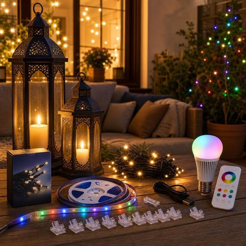 Esti LED-fényvarázs: 10 db csatlakozó + USB LED-szalag + E27 RGB izzó + 30 m fényfüzér + 2 db lámpás