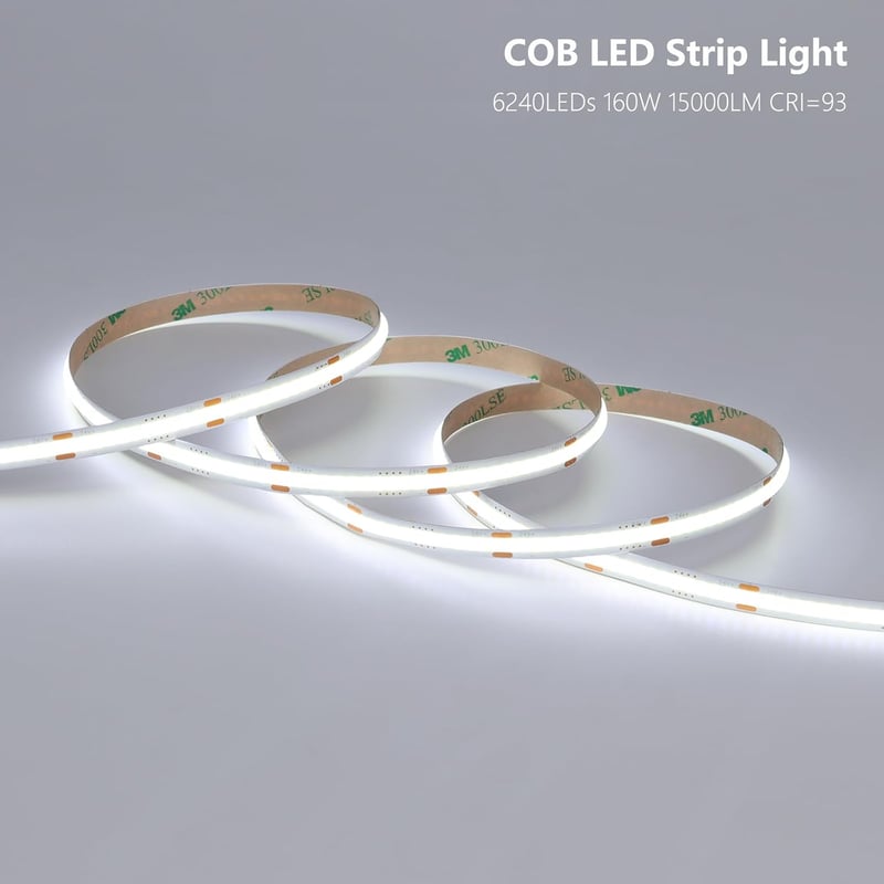 BENLUN COB LED Szalag 20m, 24V, 6000K Hideg Fehér, Öntapadós, 312 LED/m, CRI93, Vágható, Tápegységgel, Hálószoba Dekorációhoz