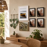 Boho galerija zid: 1x bijeli A4 okvir + 4x crni okvir 15x20 + platno 20x25 + makrame list 1