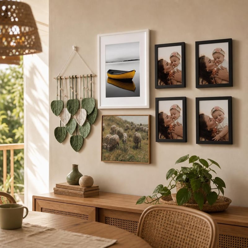 Boho galerija zid: 1x bijeli A4 okvir + 4x crni okvir 15x20 + platno 20x25 + makrame list