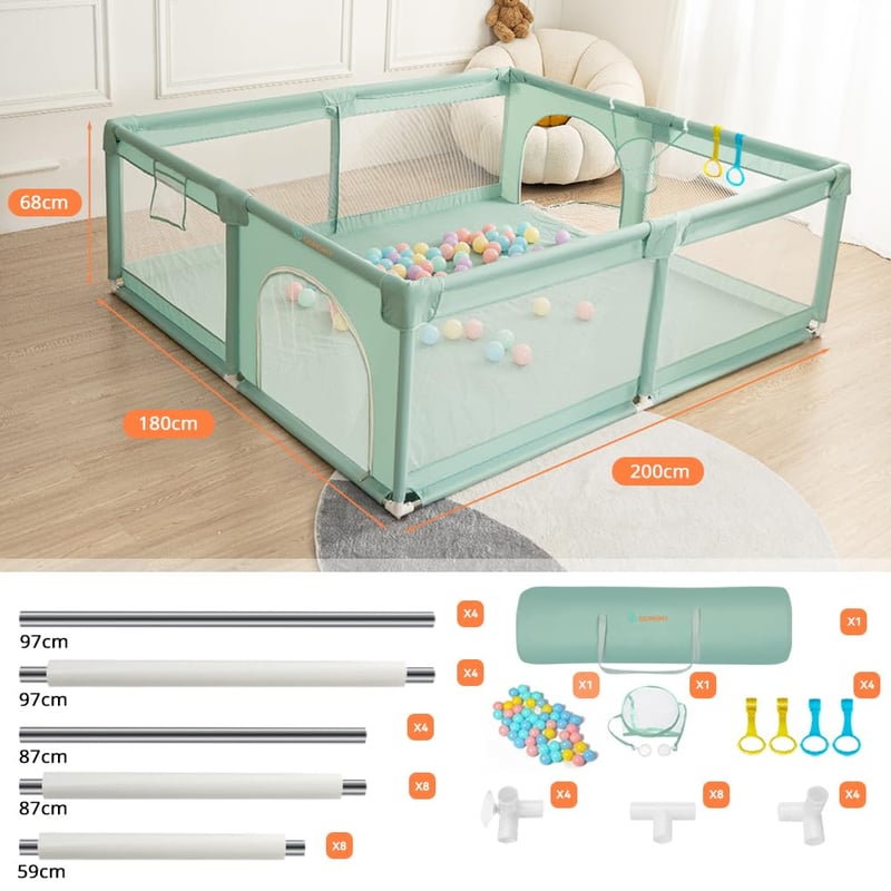 COMOMY XXL Bébi Járóka 180x200x66 cm - Gyerekeknek Puha Hálóval, Csúszásgátló Oxford Aljjal, Labdákkal, Mini Kosárral és 4 Húzógyűrűvel, Söt - 180x200x66cm, dark green