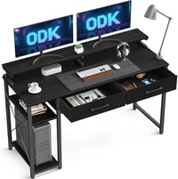 ODK Fekete Íróasztal Polcokkal és Fiókokkal - Kompakt Számítógépasztal Monitortartóval 1
