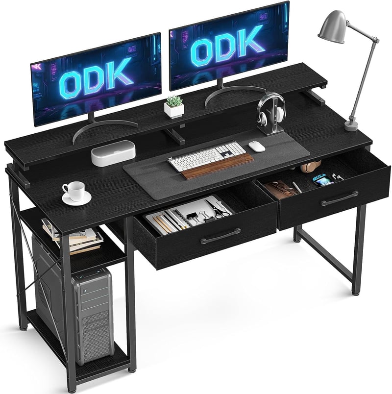 ODK Fekete Íróasztal Polcokkal és Fiókokkal - Kompakt Számítógépasztal Monitortartóval
