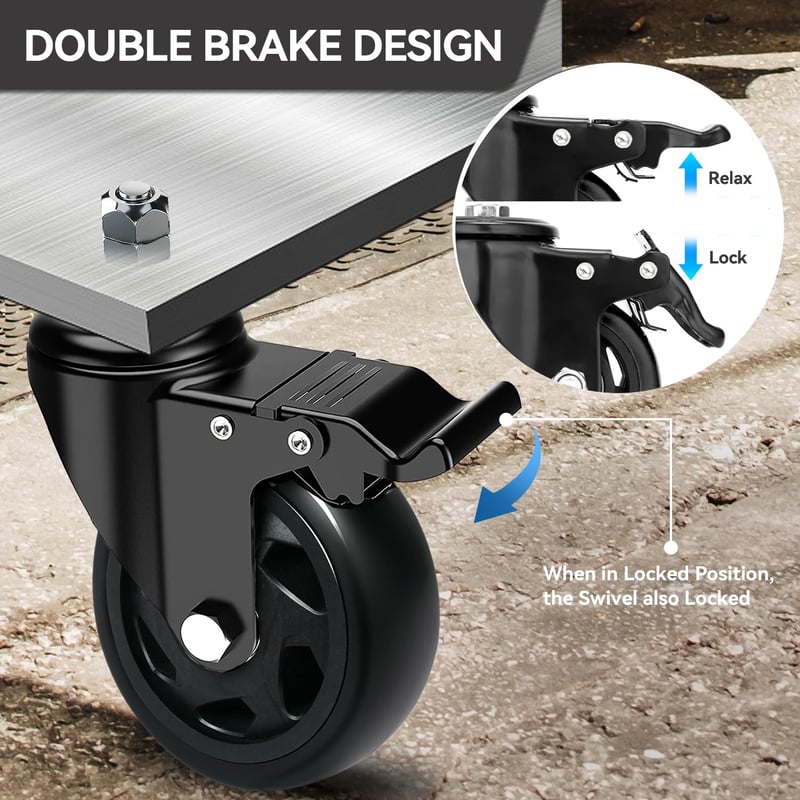 RRIUTO Bútor Görgő 125mm Fékkel - M10x30mm Csavaros Forgókerekek 360° Forgással - 4db Nagy Teherbírású PU Bútorkerék Szett 162,5kg Teherbírá