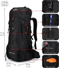 Doshwin 70L Túrahátizsák - Vízálló Esővédővel, Kemping, Túrázás, Utazás, Kirándulás - Unisex Oxford Anyagú Hátizsák Fekete Színben - XL, Black 2